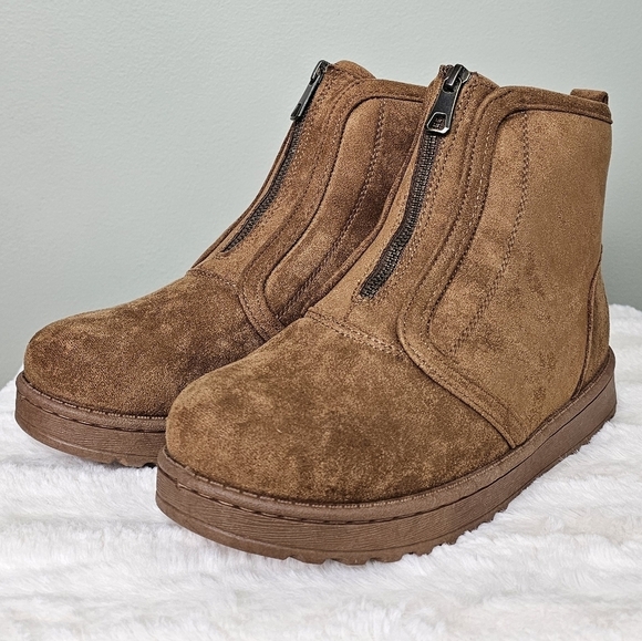 SO Myraa Women's Cozy Vegan Fur Lined Microfiber Ankle Boots 7.5 CHESTNUT - Picture 2 of 11